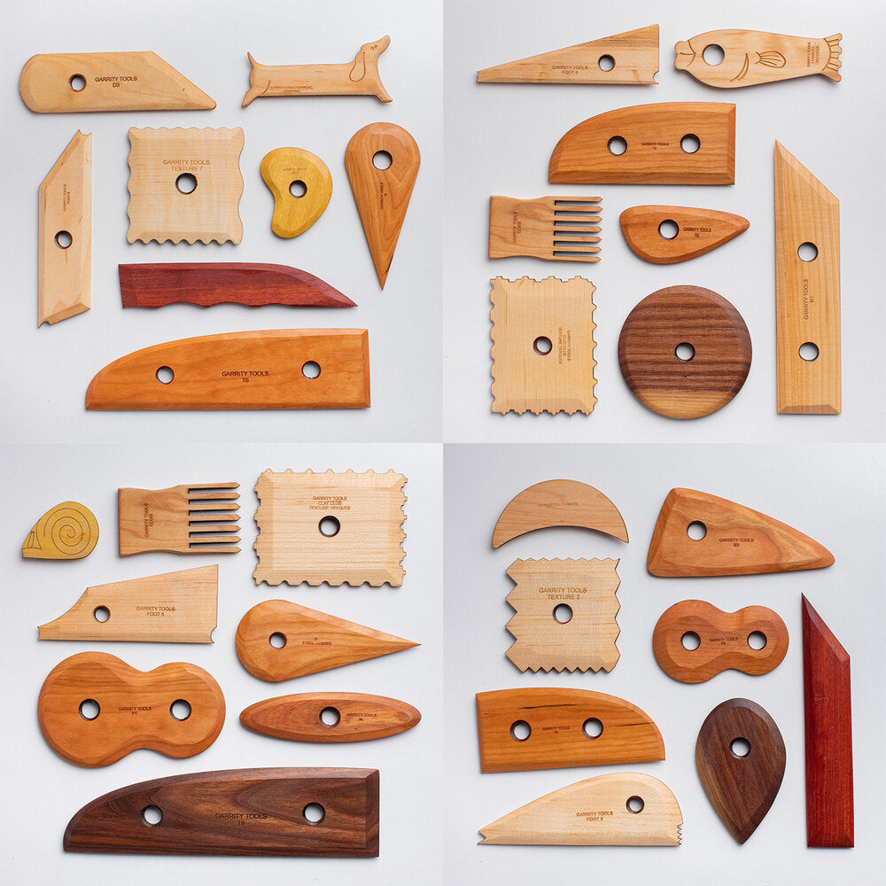 variety of Garrity Tools wood pottery tools made of cherry, maple, and walnut wood