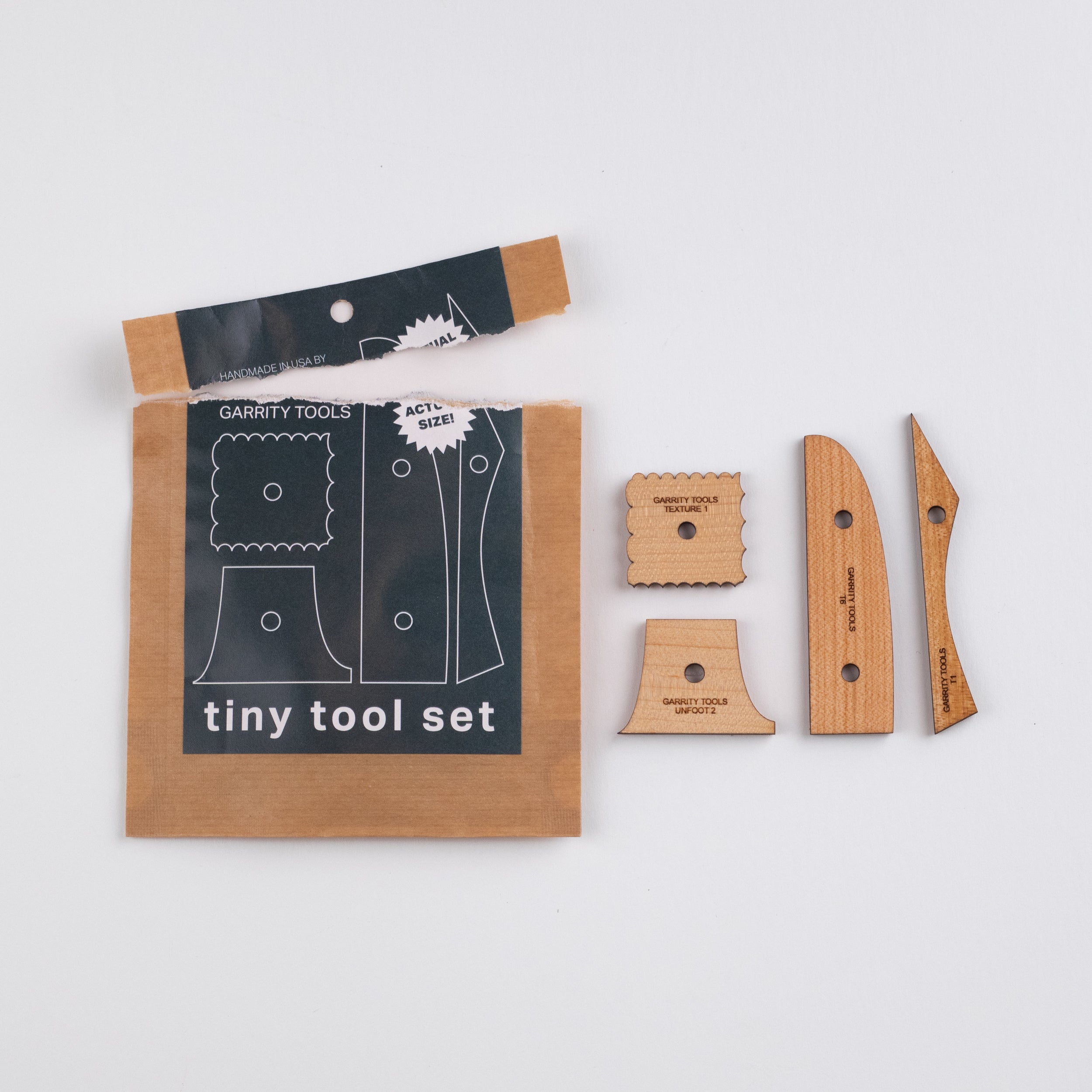 Garrity Tools Tiny Tool Set includes wooden pottery tools Texture 1, T1, T6, and Unfoot 2